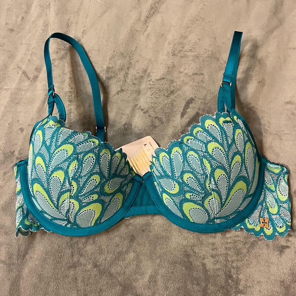 Savage X Fenty Blue Teal Green Peacock Lace Bralette
